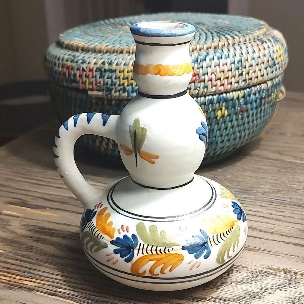 Talavera Pottery Hand Painted Floral Candlestick with Handle Vintage
